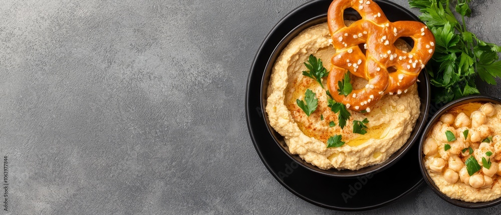 A bowl of hummus topped with a pretzel A bowl of hummus topped with a pretzel