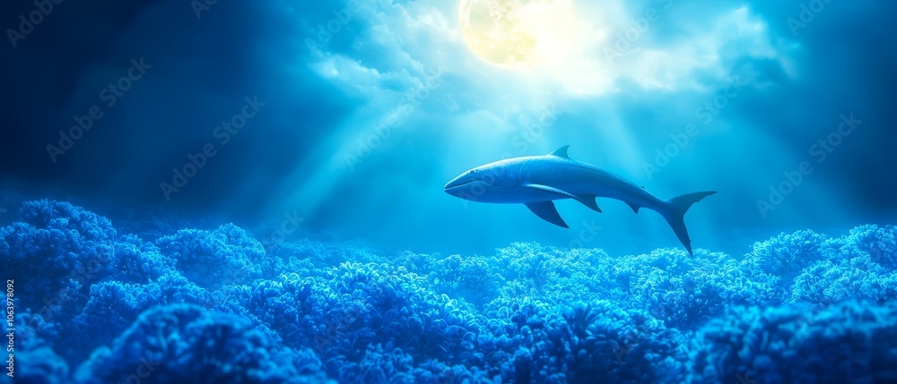 Fototapeta premium A shark swims above a coral reef during a full moon