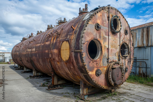 Large rusty industrial boiler tank sitting outside in industrial area