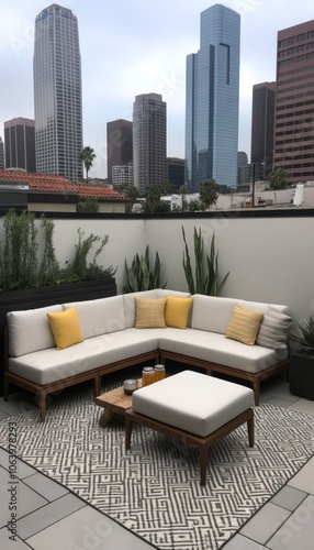 Modern sectional sofa with ottoman and pillows on a rooftop patio overlooking a cityscape.