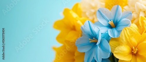  A vase filled with yellow and blue blooms