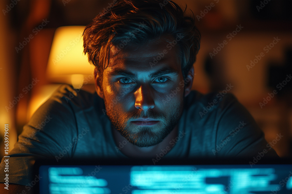 Tech Professional Working Intensely at Night with Computer Screen Glow Tech Professional Working Intensely at Night with Computer Screen Glow