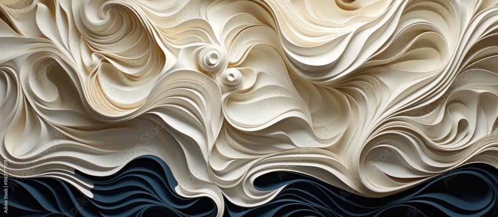 Abstract paper sculpture with flowing textures in cream and navy tones. Abstract paper sculpture with flowing textures in cream and navy tones.