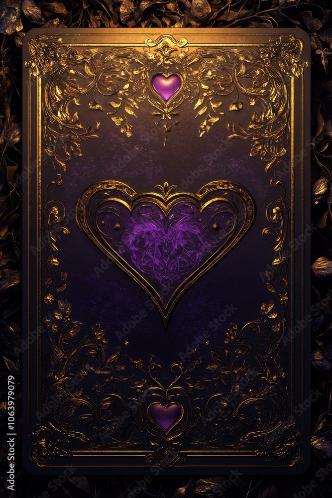 tarot card back design with ornate heart and golden embellishments on purple background symbolizing love, mystery, and elegance tarot card back design with ornate heart and golden embellishments on purple background symbolizing love, mystery, and elegance