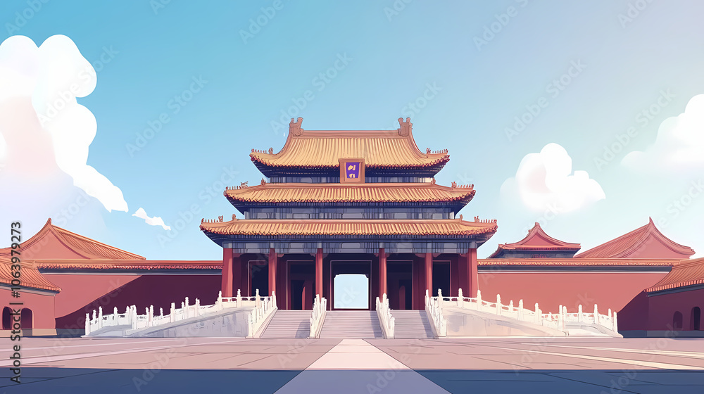 Fototapeta premium Meridian gate of the forbidden city standing tall on a sunny day. Imperial Chinese Palace. Illustration
