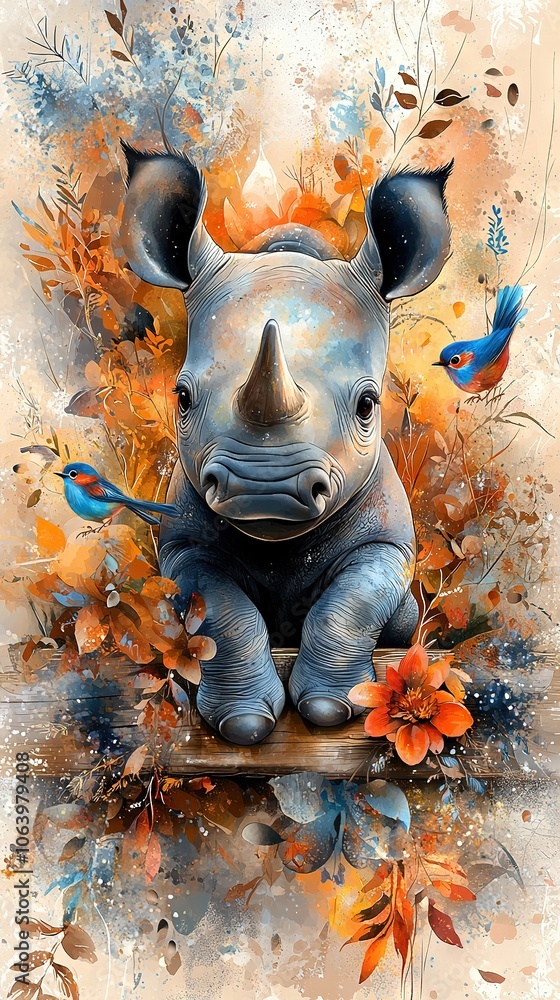 A Rhino atop Wood with Flowers and Bird A Rhino atop Wood with Flowers and Bird