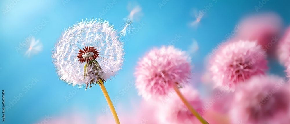  A dandelion drifts in the wind before a blue sky