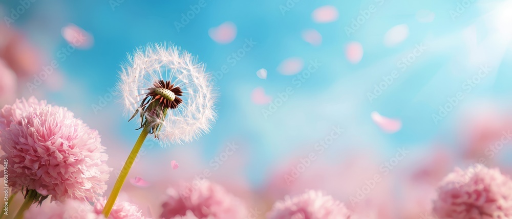 A dandelion amidst a field of pink blooms A dandelion amidst a field of pink blooms
