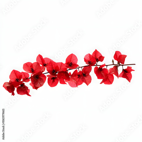 bougainvillea spectabilis (great bougainvillea) red flowering plant in slight breeze highlighted by white, cinematic, png photo