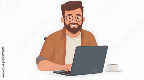 a portrait of a freelance man working over the laptop, at the office highlighted by white, png