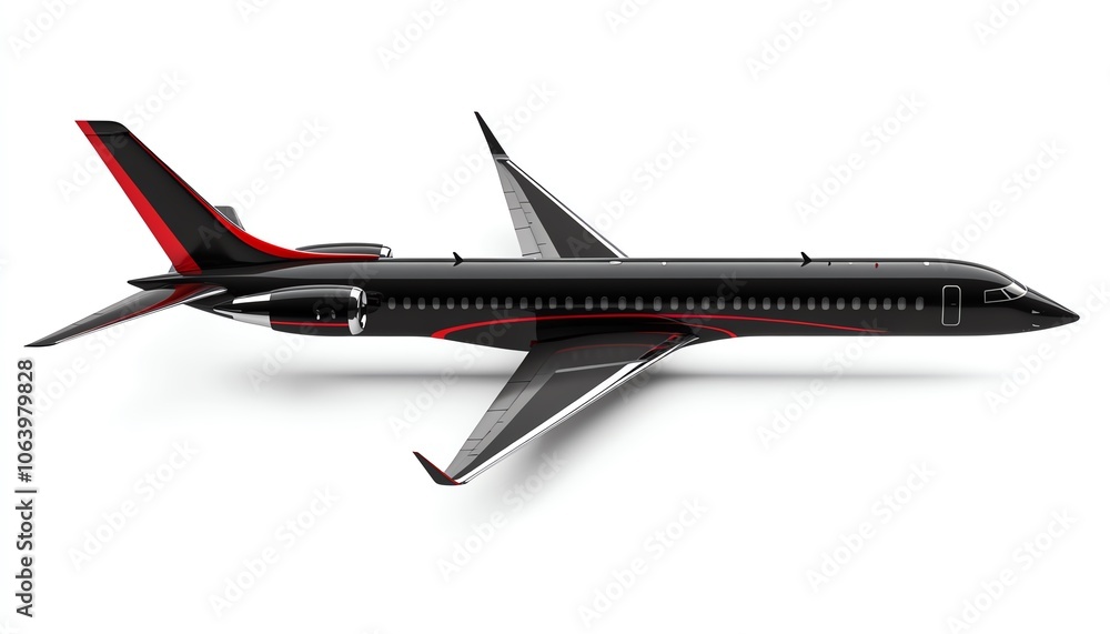 Sleek black jet airplane with red accents, perfect for showcasing modern aviation design and luxury travel. Sleek black jet airplane with red accents, perfect for showcasing modern aviation design and luxury travel.