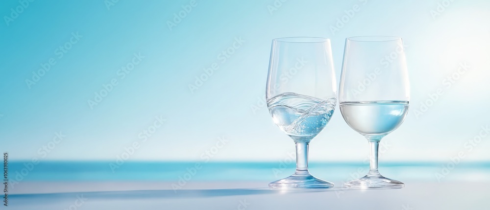 Two glasses of water on a blue tabletop Two glasses of water on a blue tabletop