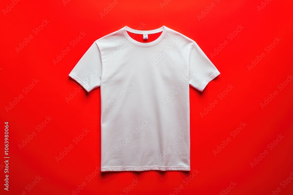 A plain white t-shirt displayed on a vibrant red background. A plain white t-shirt displayed on a vibrant red background.