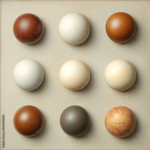 Nine smooth, colored spheres arranged in a 3x3 grid on a neutral background.