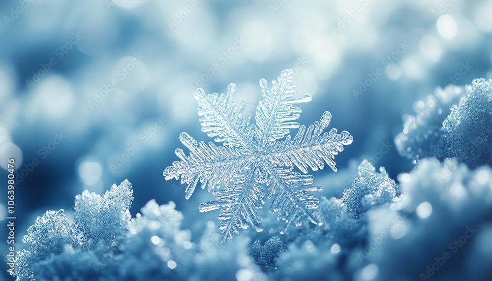 A delicate snowflake rests on a soft blanket of frost, showcasing winter's beauty and intricate crystal structure. A delicate snowflake rests on a soft blanket of frost, showcasing winter's beauty and intricate crystal structure.