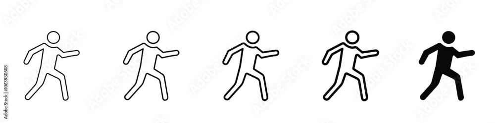Set of 5 Walk icon - 1 Silhouette - 1 unexpanded vector - man standing walking n running Includes symbols of person in various positions: standing, walking and running, exercise, health, fitness Set of 5 Walk icon - 1 Silhouette - 1 unexpanded vector - man standing walking n running Includes symbols of person in various positions: standing, walking and running, exercise, health, fitness
