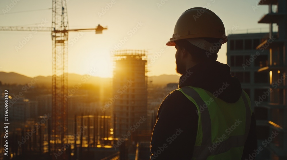 A construction worker observes a sunset over a building site, symbolizing progress and labor. A construction worker observes a sunset over a building site, symbolizing progress and labor.