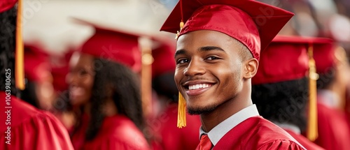  Man, wearing red graduation cap and gown, smiles at camera