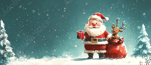 Cheerful Santa Claus with reindeer and snow, perfect for festive holiday themes and Christmas celebrations.