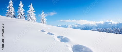 Wallpaper Mural  Snow-covered hillside with tree-dotted landscape and distinct footprints in fresh snow Torontodigital.ca
