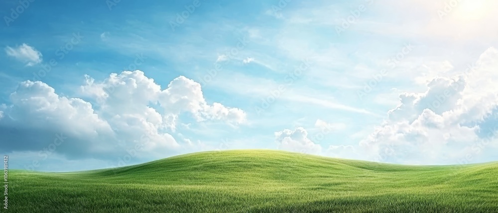 A lush green field beneath a clear blue sky dotted with fluffy white clouds A lush green field beneath a clear blue sky dotted with fluffy white clouds