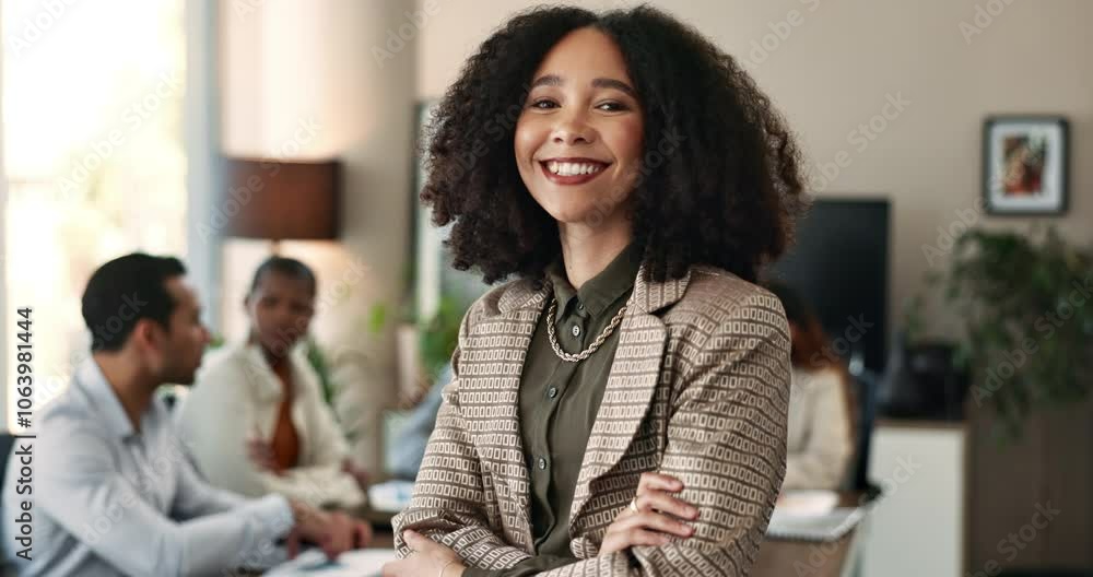 Face, proud and woman in boardroom, smile and copywriter in meeting for briefing, confident and project. Office, leader and planning for assignment, writer and portrait of person or working in agency Face, proud and woman in boardroom, smile and copywriter in meeting for briefing, confident and project. Office, leader and planning for assignment, writer and portrait of person or working in agency