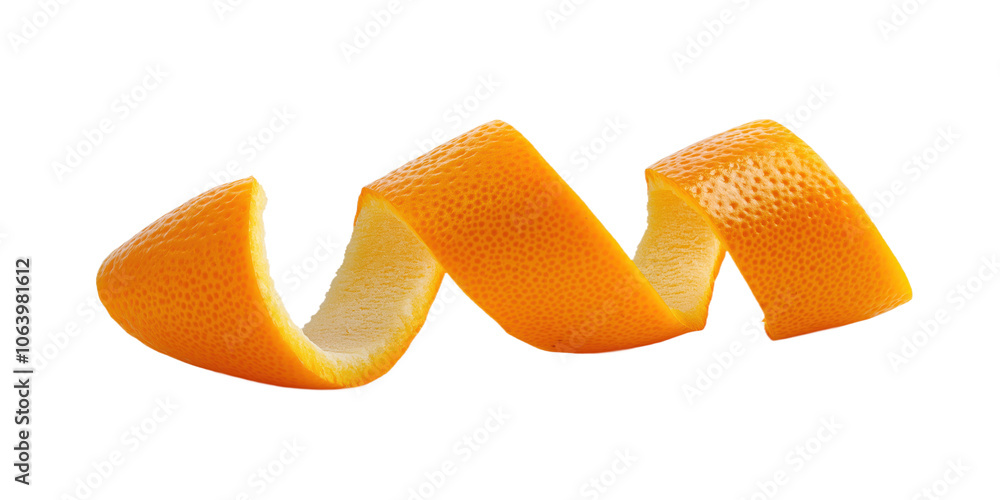 Single orange peel curls up on isolated transparent background. Vibrant orange color contrasts with clean white surface. Bright orange peel texture, curled shape, natural form. Alpha mask. Single orange peel curls up on isolated transparent background. Vibrant orange color contrasts with clean white surface. Bright orange peel texture, curled shape, natural form. Alpha mask.