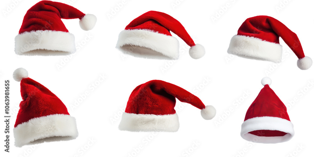 Christmas hat collection with 9 identical pointed caps in red, white, and various colors. Holiday accessories for Santa Claus, festive headwear for Christmas season. Transparent isolated background. Christmas hat collection with 9 identical pointed caps in red, white, and various colors. Holiday accessories for Santa Claus, festive headwear for Christmas season. Transparent isolated background.