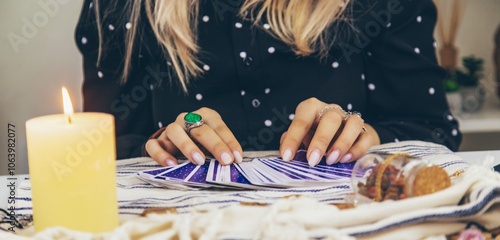 A fortune teller reads with tarot cards. Selective focus. photo