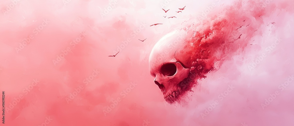 Fototapeta premium A skull against a red backdrop, with birds in flight above