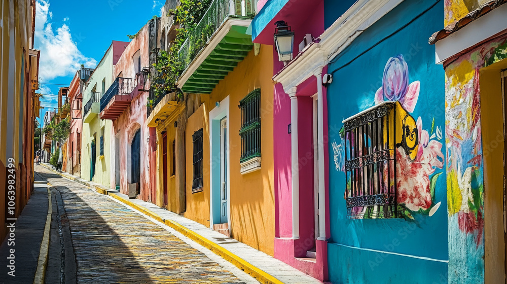 Fototapeta premium Colorful Street Art, Historic Architecture, Vibrant Cityscape, Old San Juan, Puerto Rico