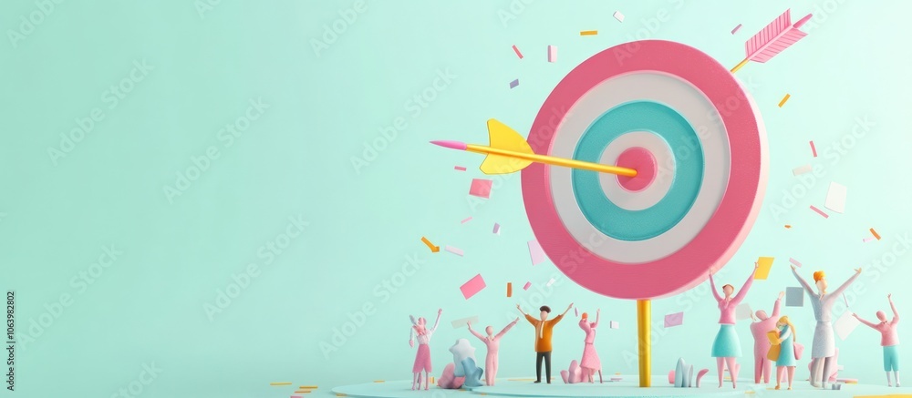 A vibrant target with an arrow, surrounded by celebrating people, symbolizing achievement. A vibrant target with an arrow, surrounded by celebrating people, symbolizing achievement.