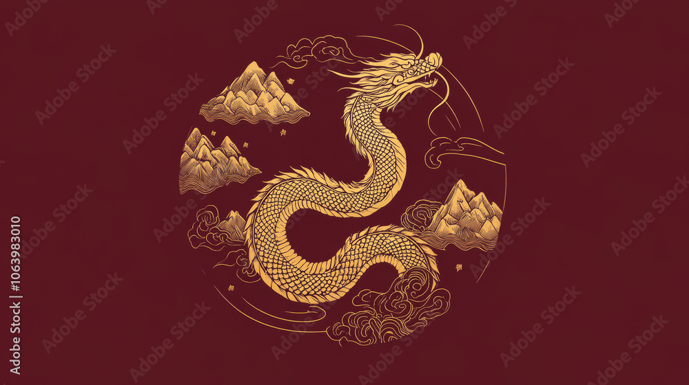 Golden Dragon, Clouds, Mountains, Crimson, Minimalist Art Golden Dragon, Clouds, Mountains, Crimson, Minimalist Art