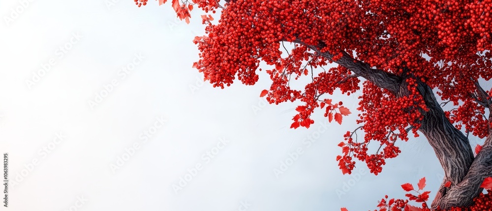 Red-berried tree against a blue sky or Tree bearing red fruit in a blue sky Red-berried tree against a blue sky or Tree bearing red fruit in a blue sky