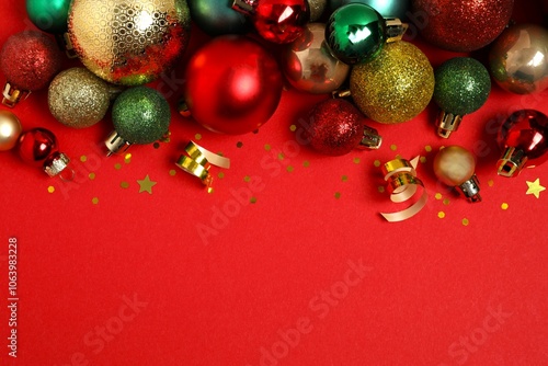 Festive Christmas background with different balls on color background 