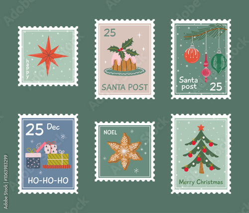 Set of cute Christmas postage stamps. Vintage xmas posters. Winter holidays prints for greeting card and textile. Hand drawn flat design vector illustration.
