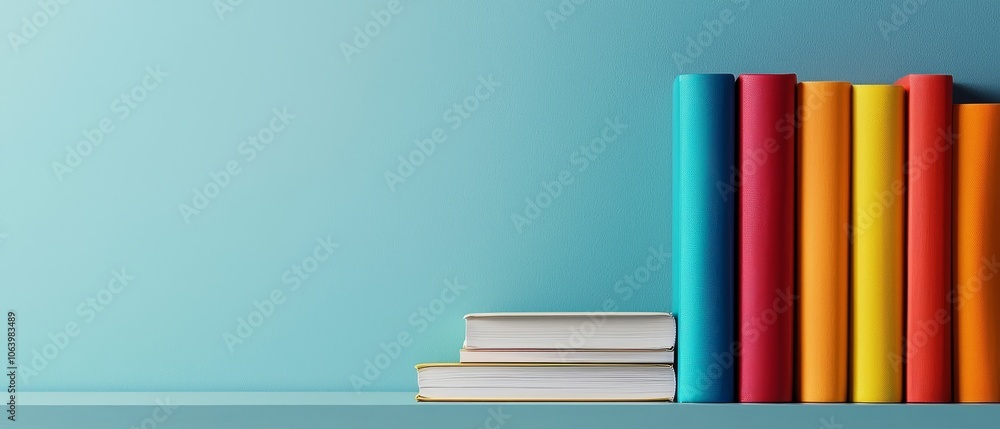 A blue shelf holds a stack of colorful books A blue shelf holds a stack of colorful books