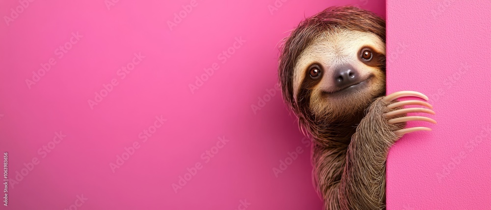  A sloth partially hidden behind a pink wall