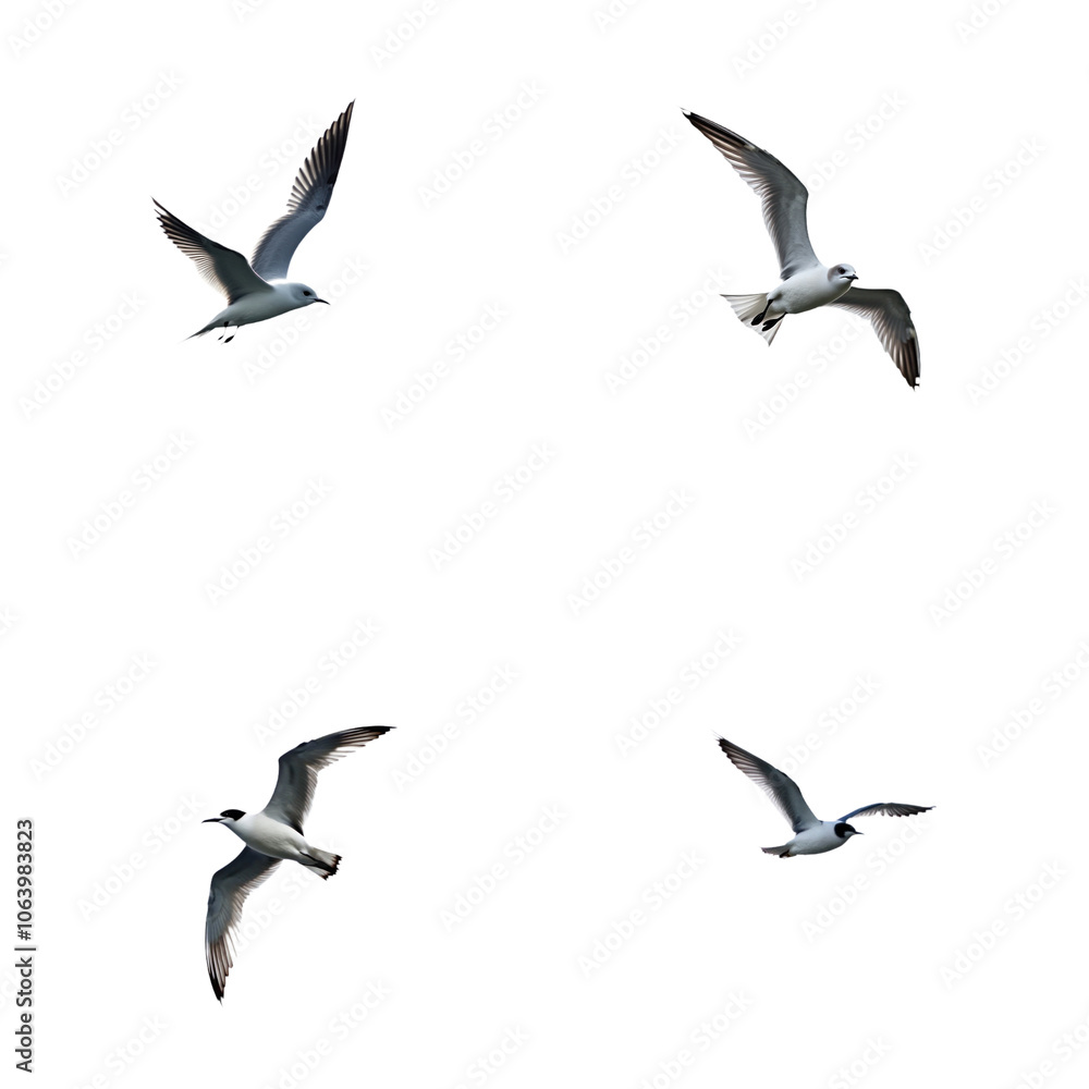 Obraz premium Collage of seagulls in flight. Four photos of Kittiwakes flying on clear sky background. Mid-flight, relaxed, and dynamic poses. Wings spread, head turned, body facing viewer. Transparent isolated png