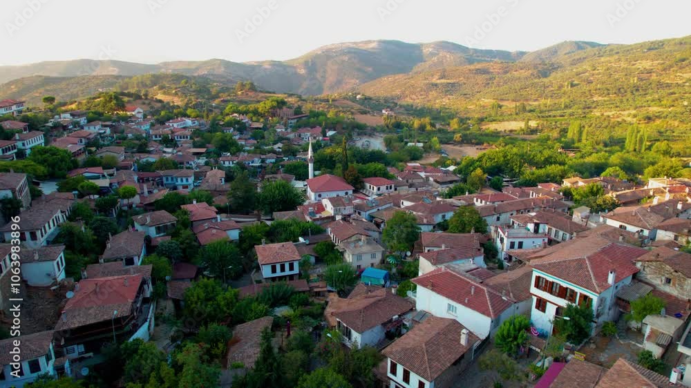 Sirince is a neighbourhood in Selcuk, İzmir Province, Turkey. Aerial drone view of ancient village Sirince. Beautiful landscape of Sirince with traditional historical houses. Sirince is a neighbourhood in Selcuk, İzmir Province, Turkey. Aerial drone view of ancient village Sirince. Beautiful landscape of Sirince with traditional historical houses.