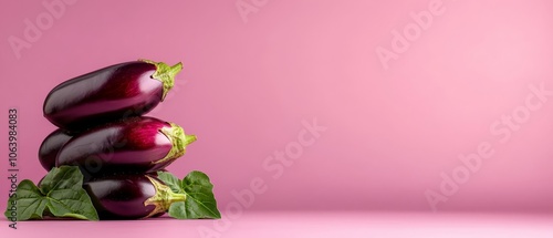 Purple eggplant stack with green leaves..Or, for a more descriptive version:..A vibrant pink backdrop showcases a stack photo