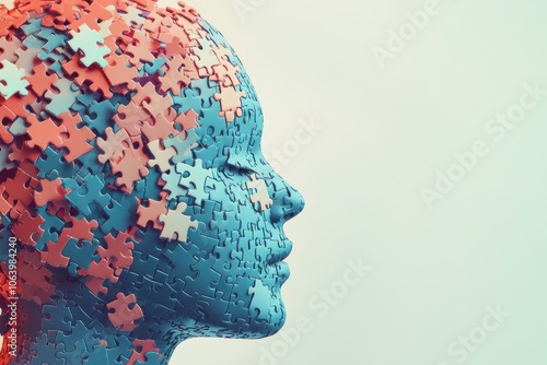 A blue silhouette of a head covered in colorful puzzle pieces, symbolizing complexity of mind. photo