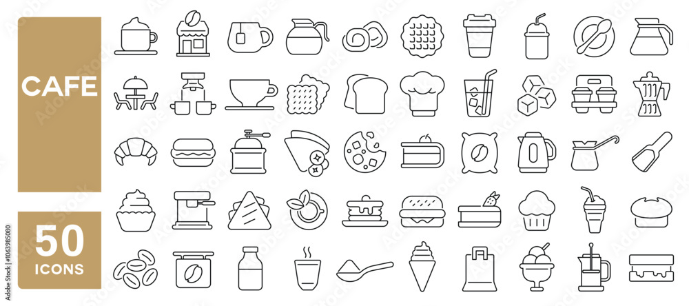 Set of 50 line icons related to cafe, coffee shop, latte, bean, maker machine, cappuccino, cake, espresso, snack, Editable stroke. Vector illustration Set of 50 line icons related to cafe, coffee shop, latte, bean, maker machine, cappuccino, cake, espresso, snack, Editable stroke. Vector illustration