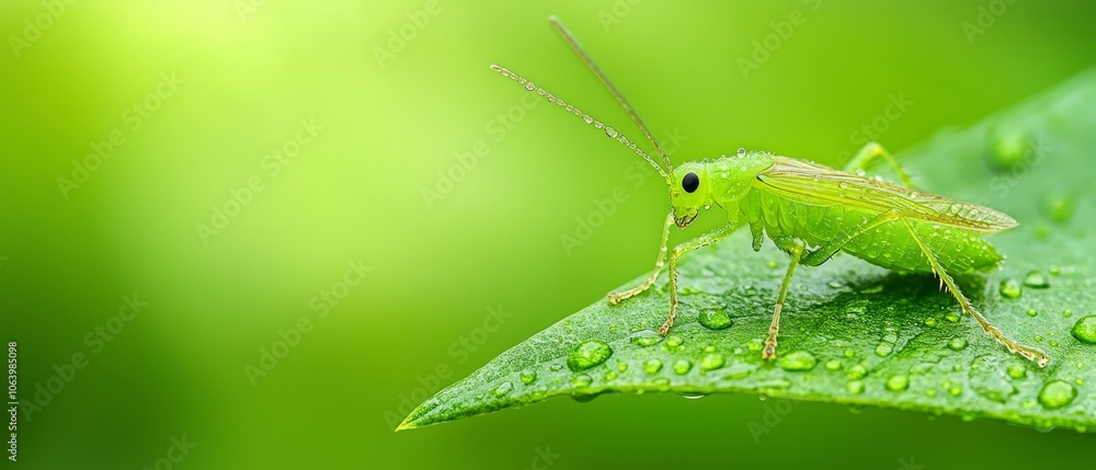 A green grasshopper atop a verdant leaf A green grasshopper atop a verdant leaf