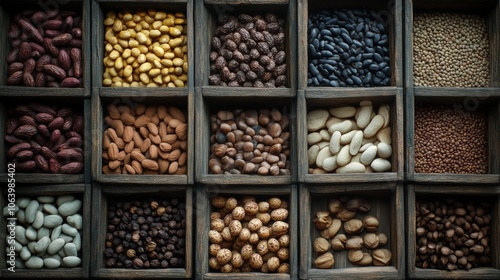 An assortment of various beans, seeds, and nuts neatly organized in a wooden box with separate compartments.