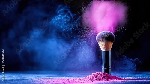   A macro shot of a makeup brush with pink powder on its bristles and blue steam emanating from the brushhead photo