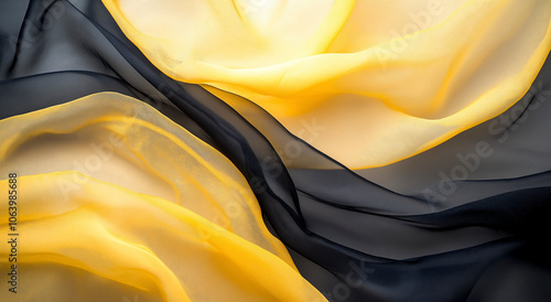 fundo abstrato de tecido fino amarelo e preto em camadas com texturas fluidas, tecido transparente leve criando ondas elegantes