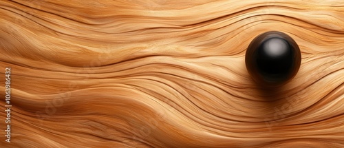  A black ball rests atop a wooden surface photo