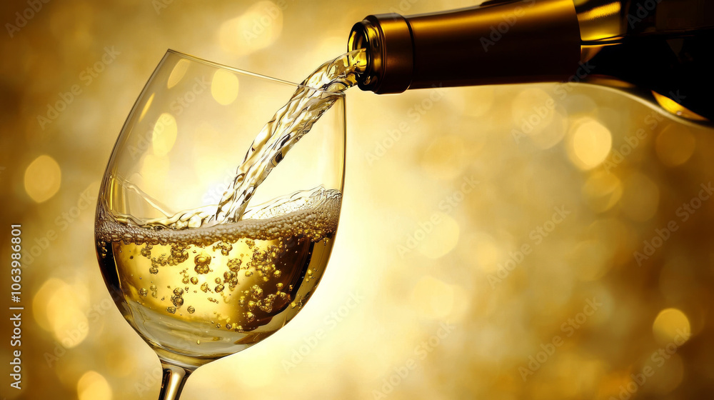 Fototapeta premium Pouring White Wine: Golden Hour Elegance, Sparkling Bubbles, Festive Cheers