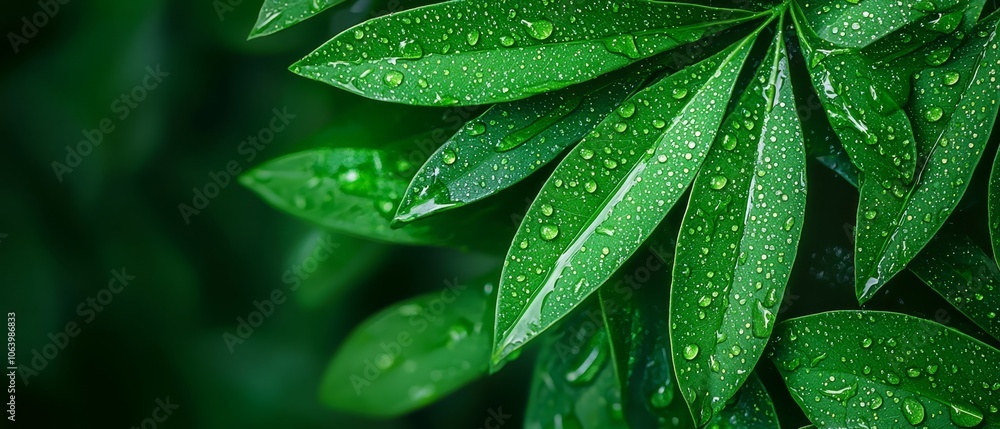 A tight shot of a verdant leaf dotted with water beads A tight shot of a verdant leaf dotted with water beads